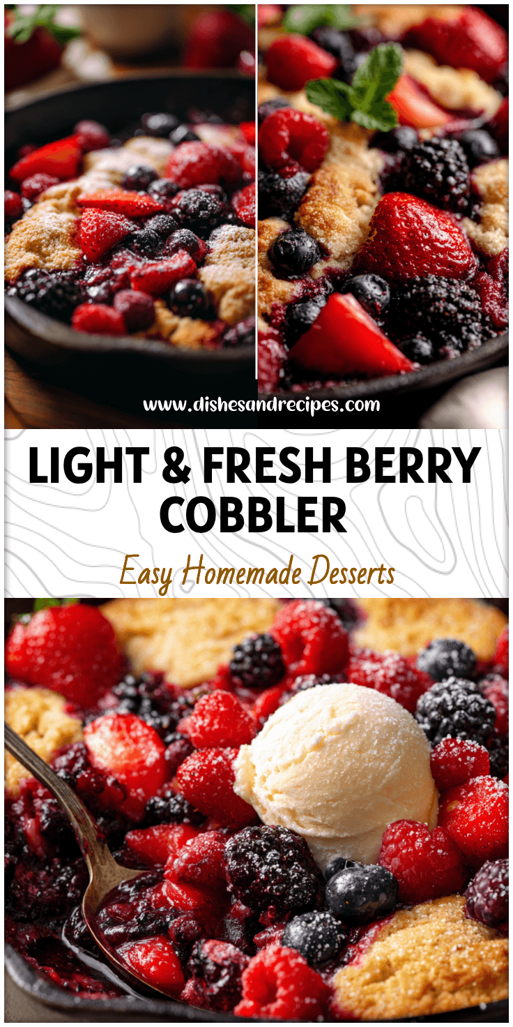 Freshly baked berry cobbler skillet topped with golden crust and vibrant fresh berries.